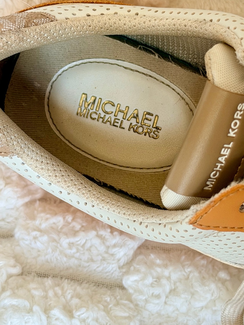Michael Kors Women's Cream and Tan Leather Perforated Lace-Up Sneakers - Picture 6 of 7